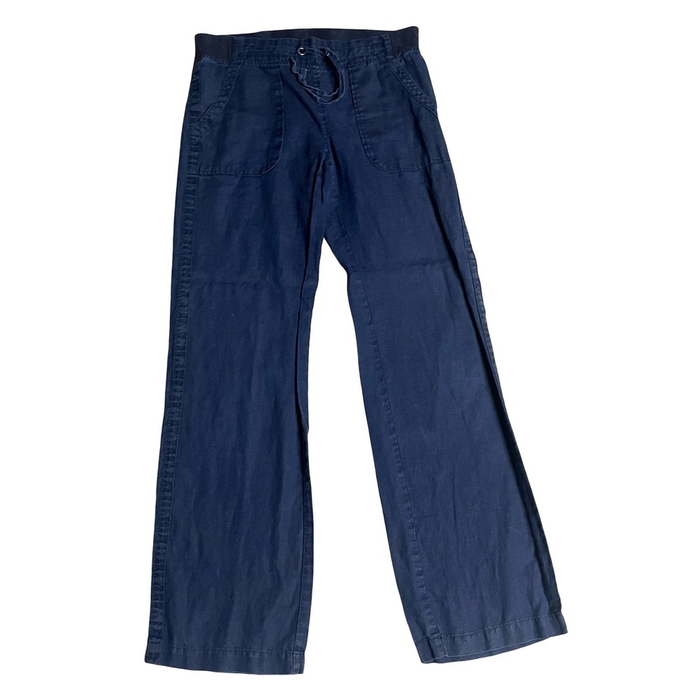 Athleta Womens 8T Navy Blue 100% Linen Wide Leg Drawstring Pants Tall RN54023